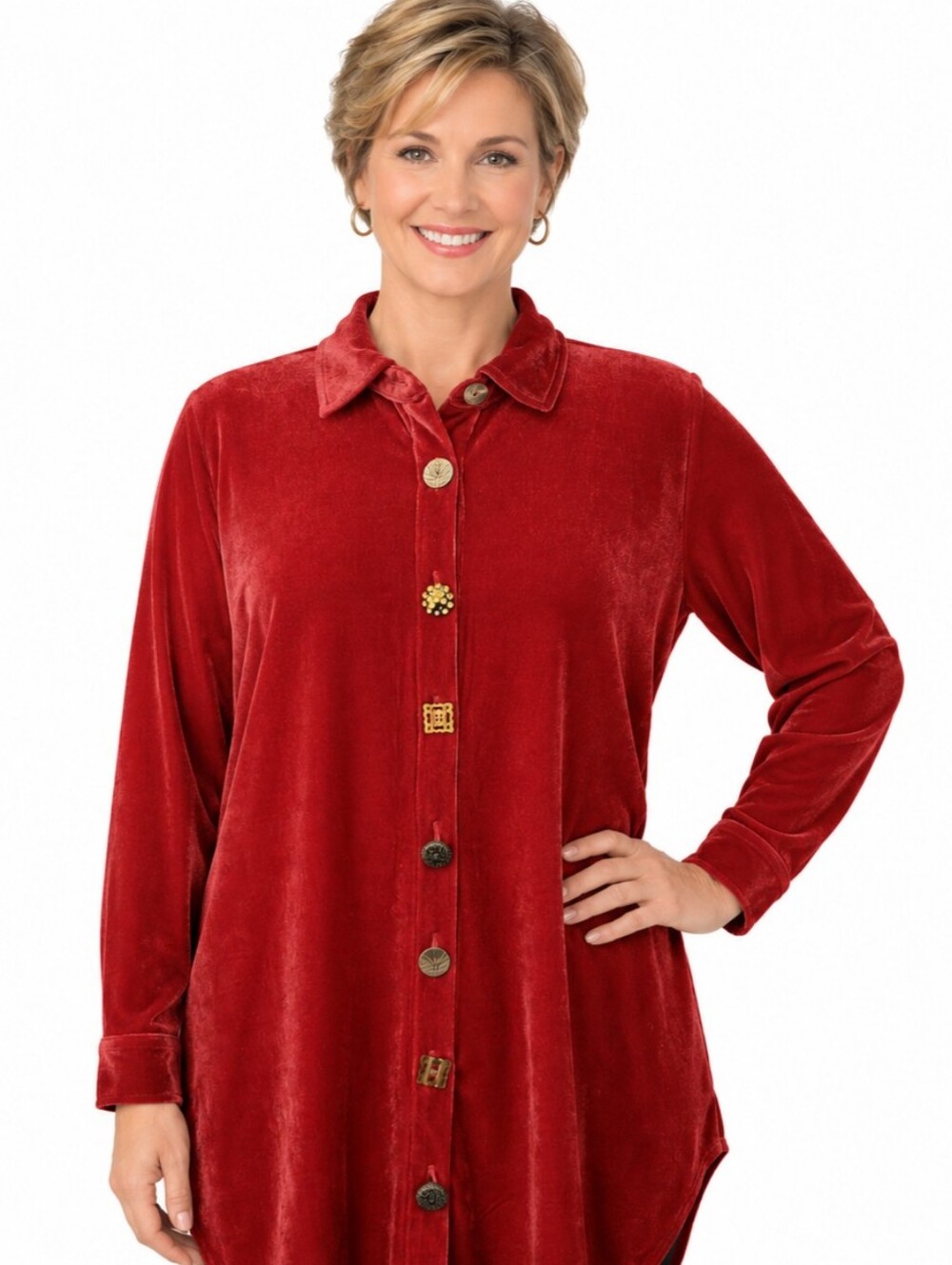 Soft Surroundings Womens Top L Red Velour Tunic Button Front Collared Long Slv